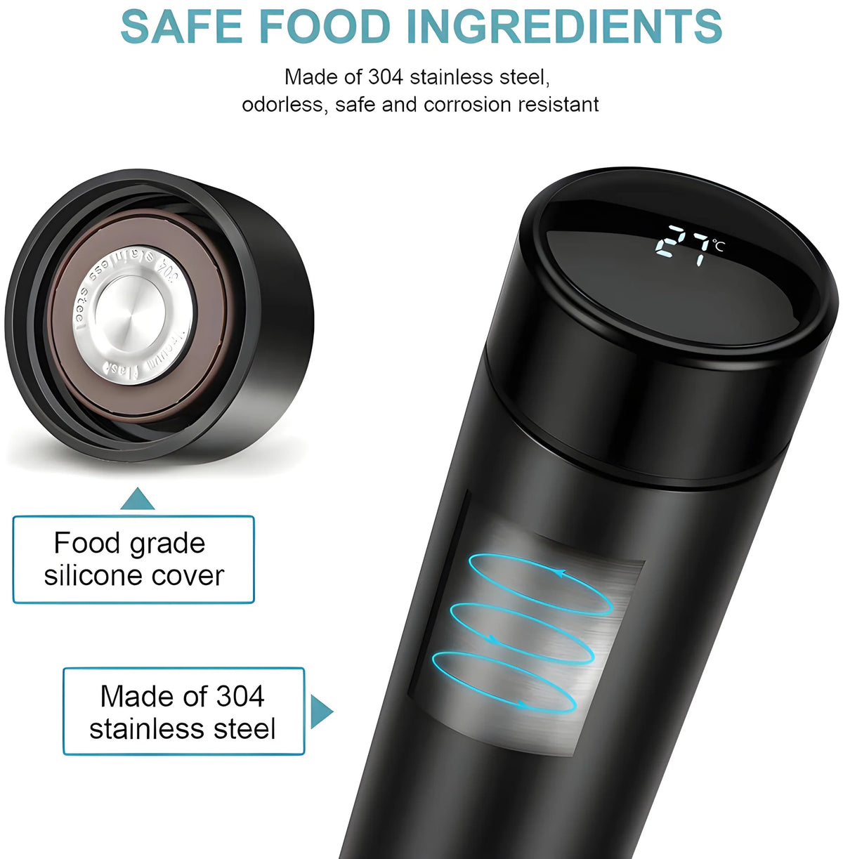 Technical specifications graphic of smart vacuum insulated water bottle